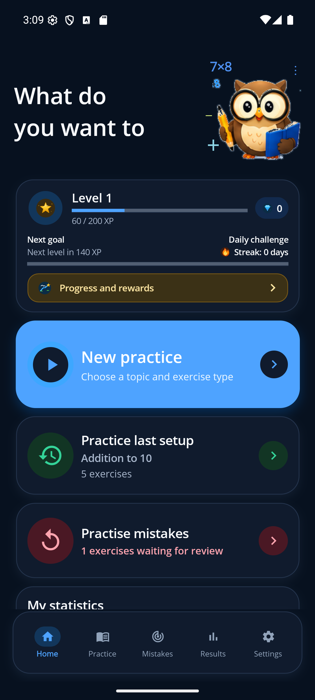 Mathmino home screen in dark mode