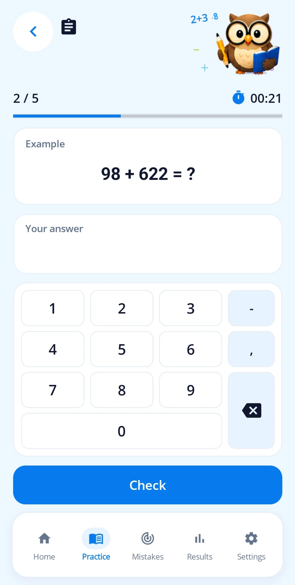 Mathmino practice screen with a math example and number pad