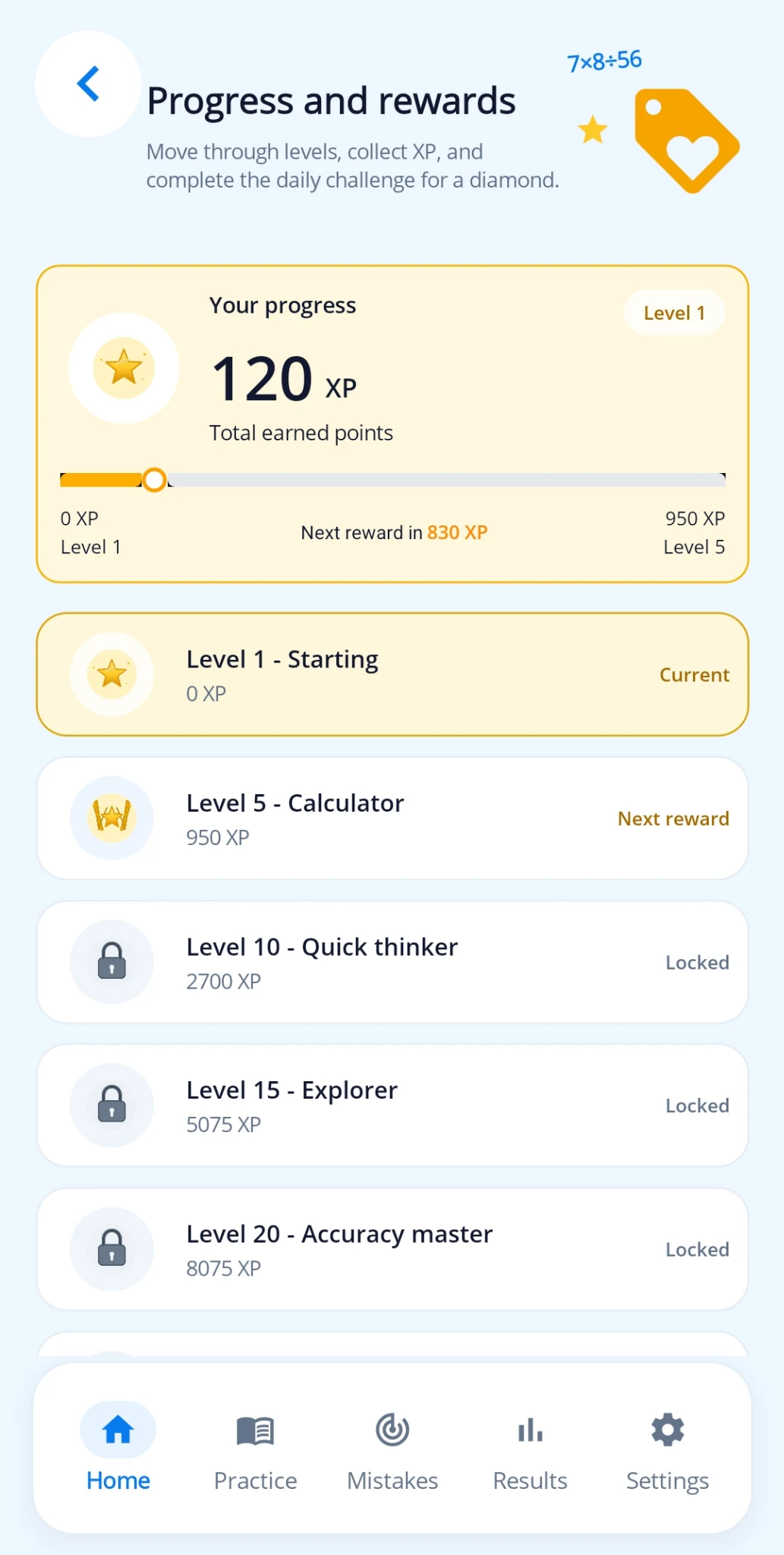 Mathmino progress and rewards screen with levels and milestones
