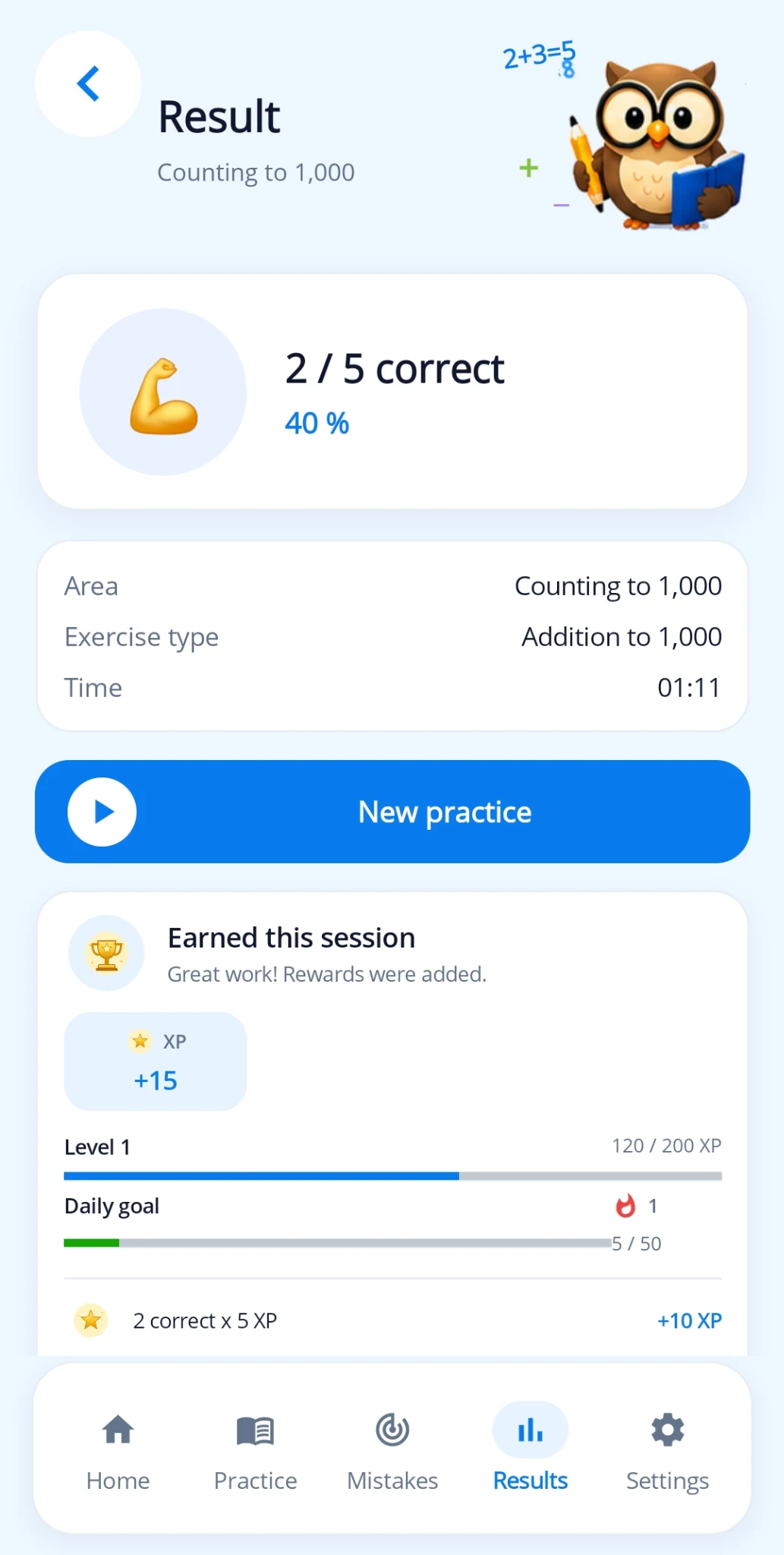 Mathmino result screen with score and earned XP